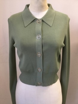 DION LEE, Sage Green, Rayon, Nylon, Solid, Fine Knit, C.A., Gold Tone Circle Buttons, Rib Knit Sleeves And Waistband, Banlon Like Feel, Some Pilling On Sleeves