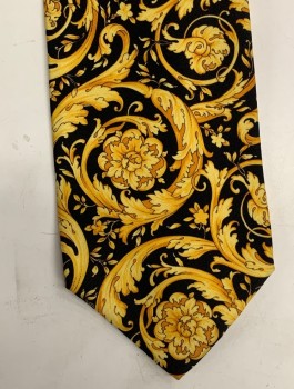 Mens, Tie, GIANNI VERSACE, Yellow, Black, Silk, Floral, Four In Hand