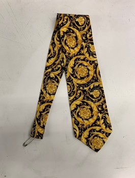 Mens, Tie, GIANNI VERSACE, Yellow, Black, Silk, Floral, Four In Hand