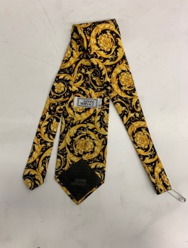 GIANNI VERSACE, Yellow, Black, Silk, Floral, Four In Hand
