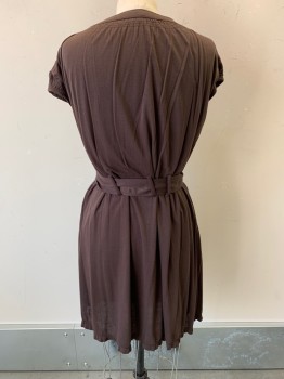 Womens, Dress, Piece 1, THEORY, Brown, Rayon, Cotton, M, CN, Button Front, Cap Sleeves, Gathered at Waist