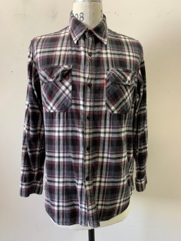 LEVI'S, Black, Gray, White, Red, Cotton, Plaid, L/S, Button Front, Collar Attached, Chest Pockets