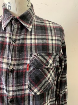 LEVI'S, Black, Gray, White, Red, Cotton, Plaid, L/S, Button Front, Collar Attached, Chest Pockets