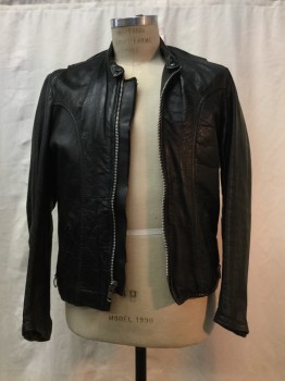 Mens, Leather Jacket, BROOKS, Black, Leather, Solid, M, Zip Front, Band Collar,  2 Zip Pockets with O Ring Zipper Pulls, Zippers at Cuffs,