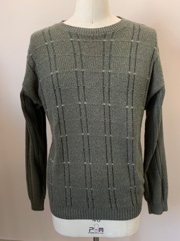Mens, Sweater, CROFT & BARROW, Olive Green, Cream, Cotton, Acrylic, Grid , L, L/S, Crew Neck, Knit