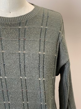 Mens, Sweater, CROFT & BARROW, Olive Green, Cream, Cotton, Acrylic, Grid , L, L/S, Crew Neck, Knit