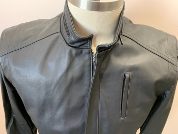 Mens, Leather Jacket, JONATHAN A LOGAN, Black, Leather, Solid, 42, Zip Front, Stand Collar, Welt Pockets,