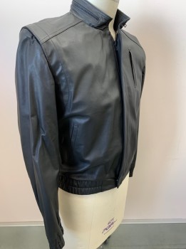Mens, Leather Jacket, JONATHAN A LOGAN, Black, Leather, Solid, 42, Zip Front, Stand Collar, Welt Pockets,