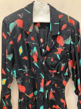 DENNIS GOLDSMITH, Black, Red, Sea Foam Green, White, Rayon, Abstract , C.A., Notched Lapel, L/S, B.F., Side Pockets And Chest Pocket
