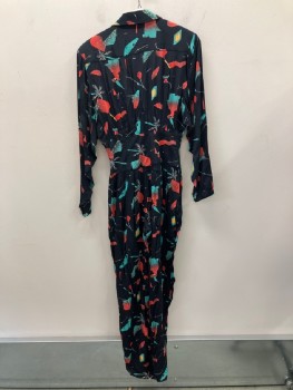 Womens, Jumpsuit, DENNIS GOLDSMITH, Black, Red, Sea Foam Green, White, Rayon, Abstract , B: 32, S, W:24, C.A., Notched Lapel, L/S, B.F., Side Pockets And Chest Pocket