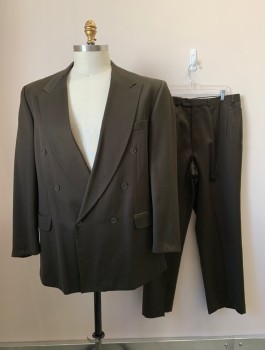 Mens, 1980s Vintage, Suit, Jacket, BIGSBY & KRUTHERS, Dk Olive Grn, Wool, Solid, 36/31, 46L, 6 Buttons, Double Breasted, Peaked Lapel, 3 Pockets, Small Flaw Left Arm