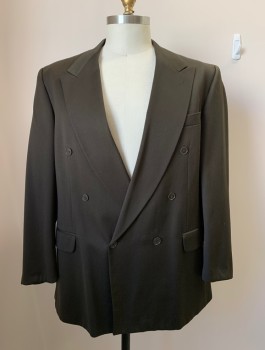 Mens, 1980s Vintage, Suit, Jacket, BIGSBY & KRUTHERS, Dk Olive Grn, Wool, Solid, 36/31, 46L, 6 Buttons, Double Breasted, Peaked Lapel, 3 Pockets, Small Flaw Left Arm