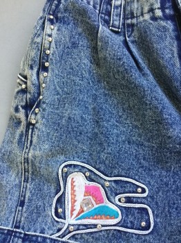 Womens, Shorts, VANTI, Blue, Cotton, Solid, 30, Acid Washed Blue Denim, 2" Waistband with Belt Hoops. 2 Pleat Front, Zip Front, Metal Silver Ball on 4 Pockets Trim, Pink/turquoise/light Brown/brown with Off White Trim Flower-like Embroidery Near Hem Bottom, Cuff Hem