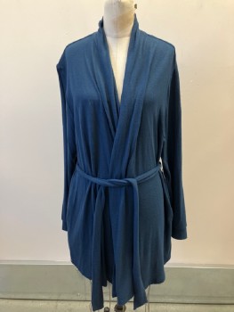 NORDSTROM, Teal Blue, Rayon, Polyester, Solid, Soft Drapy, Turned Under Shawl Lapel, No Closures, 2 Welt Pckts At Hips, Belt Loops, Rib Knit Cuffs, MATCHING BELT