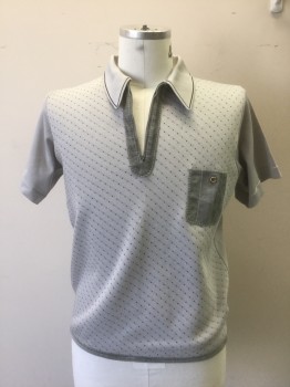 Mens, Polo Shirt, GABICCI, Lt Gray, Black, Polyester, Dots, Solid, L, Open Collar, Zip Placket with Suede Trim and Suede Pocket, Dot Pattern at Front with Stripe Pattern Interior Front. Short Sleeves,