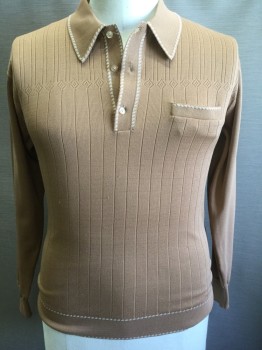 Mens, Polo Shirt, GINO PAOLI, Beige, White, Polyester, Stripes - Vertical , Diamonds, XL, Solid Beige with Self Vertical Stripe Texture, Banlon Knit, Self Diamonds in Horizontal Band Across Chest, White Triangles at Collar Attached, Hem, and 1 Welt Pocket, Long Sleeves, 3 Buttons at Neck,