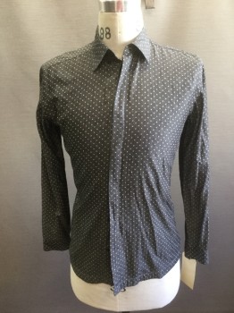Ch, Charcoal Gray, Peach Orange, Cotton, Polka Dots, Long Sleeves, Button Front, Solid Gray with Peach Polka Dots, Oxford Collar with Hidden Buttons, Some Snags in Fabric
