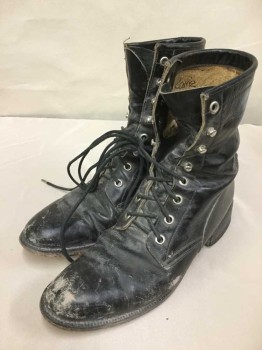 Womens, Boots 1890s-1910s, Tony Lama, Baby Blue, Leather, Solid, Wo 6, Lace Up Mid Calf, Aged/Distressed,  Lots Of Character