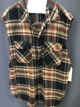 DIVIDED, Lt Brown, Brown, Black, Orange, Cotton, Plaid, Button Front, Collar Attached,  Cut Off Sleeves 2 Pocket Flaps,