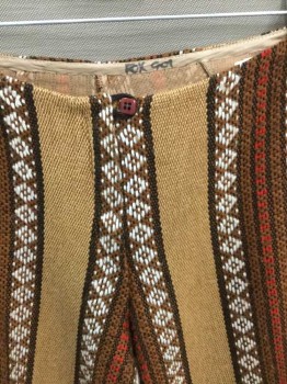Womens, Pants, N/L, Brown, Tan Brown, White, Red, Black, Cotton, Stripes - Vertical , Diamonds, Burlap Like Fabric, Low Rise, Bell Bottom, Zip Fly At Center Front, Late 1960's/Hippie