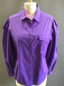 SHIP 'N SHORE, Purple, Fuchsia Pink, Cotton, Solid, Long Sleeves, Collar Attached, Button Front, Cuffs with 2 Buttons,  Puff Sleeves, 1 Pocket with Flap