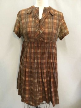 N/L, Brown, Lt Brown, Black, Cotton, Browns Crosshatched Background with Black Crosshatched Striations, Short Sleeve,  V-neck with Modesty Panel, Tabs At Collar, Knife Pleated Skirt, Side Zip, Neck Starting To Fray
