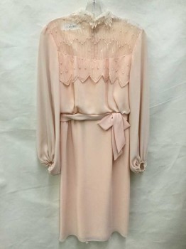 N/L, Peach Orange, Polyester, Solid, Peach Sheer Chiffon Over Peach Crepe, Long Sleeves, Sheer Net and Lace Panel at Chest, Shoulders and High Neck, Self Belted Detail at Waist with Self Bow at Side, Elastic Cuffs, Zipper at Center Back, Late 1970's/Early 1980's