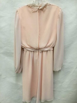 N/L, Peach Orange, Polyester, Solid, Peach Sheer Chiffon Over Peach Crepe, Long Sleeves, Sheer Net and Lace Panel at Chest, Shoulders and High Neck, Self Belted Detail at Waist with Self Bow at Side, Elastic Cuffs, Zipper at Center Back, Late 1970's/Early 1980's