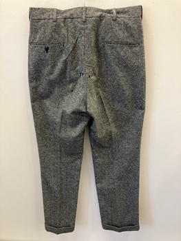 Mens, Pants, MTO, Black, Cream, Wool, Tweed, Speckled, 32, 34, Flat Front, Button Fly,  Belt Loops, Suspender Buttons, Holes In Rear End, Watch Pocket, Cuffed Hem, **Repairs To Seat Near CB Seam