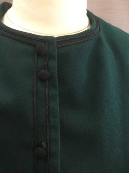 N/L, Forest Green, Black, Wool, Solid, Wool Gabardine, Long Sleeves, 2 Stripes Black Satin Corded Trim At Center Front, Hem & Cuffs, Decorative Black Fabric Buttons At Front, with Hidden Hook & Eye Closures Underneath, Black Lining, Made To Order,