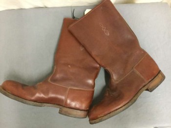 Mens, Boots 1890s-1910s, N/L, Brown, Leather, Solid, 10, Mid Calf High, Pull on Boots, 1" Heel, Made To Order,