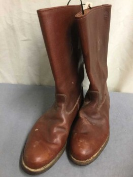 N/L, Brown, Leather, Solid, Mid Calf High, Pull on Boots, 1" Heel, Made To Order,