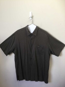 TASSO ELBA, Dk Brown, Taupe, Cotton, Rayon, Plaid, Micro Plaid, Collar Attached, Button Front, 1 Pocket, Short Sleeves,