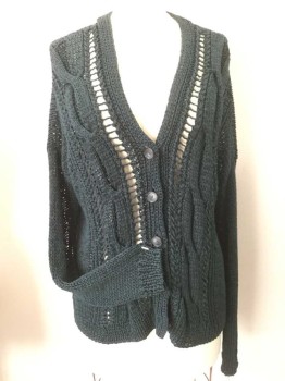 THEORY, Dk Green, Viscose, Polyester, Cable Knit, V-neck, Button Front, Long Sleeves, Loose Open Knit