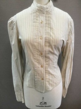 N/L, Ecru, Gray, Lt Blue, Cotton, Stripes - Pin, Long Sleeves, Button Front, Stand Collar, White Scallopped Lace Trim, Vertical Pleated Detail At Button Placket, Made To Order