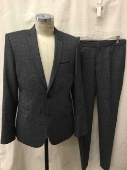 Mens, Suit, Jacket, THE KOOPLES, Gray, Black, Wool, Check , Houndstooth, 40S, Gray and Black Check, Single Breasted, Notched Lapel, 2 Buttons, 4 Pockets,  Black Satin Trim on Chest Pocket, Slim Fit, Black Lining