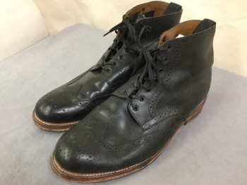 G (GRENSON), Black, Leather, Solid, Ankle High, Lacing/Ties, Wingtip, Brown Soles,