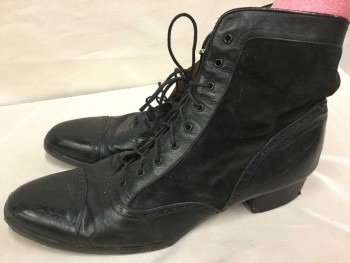 Womens, Boots 1890s-1910s, Steppin' Out, Black, Leather, Suede, 10, Cap Toe, Lacing/Ties, Ankle High