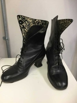 N/L, Black, Leather, Solid, Ankle Length, Round Toe, Lace Up, 2" Heel, Gold Metallic Leaf And Floral Pattern Inside