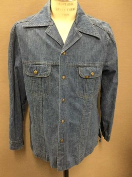 Mens, Western Shirt, LEE, Denim Blue, Cotton, Solid, L, Long Sleeves, Snap Front, Wide Collar/Lapel, 2 Pockets, Tan Topstitching,