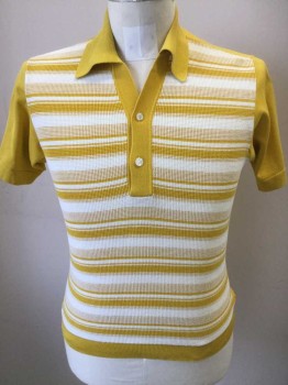 Mens, Polo Shirt, DAMON, Goldenrod Yellow, White, Cream, Cotton, Stripes - Horizontal , Solid, M, Short Sleeves, 2 Buttons, Solid Back and Sleeves, Knit,