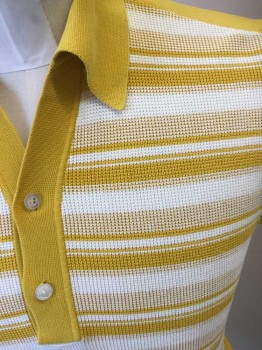 Mens, Polo Shirt, DAMON, Goldenrod Yellow, White, Cream, Cotton, Stripes - Horizontal , Solid, M, Short Sleeves, 2 Buttons, Solid Back and Sleeves, Knit,