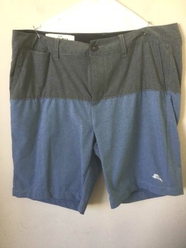 Mens, Swim Trunks, TOMMY BAHAMA, Gray, French Blue, Polyester, Spandex, Color Blocking, Solid, W:34, Board Shorts, Top 7" is Gray, the Rest of the Bottom is French Blue, Zip Fly, 5 Pockets, 9" Inseam