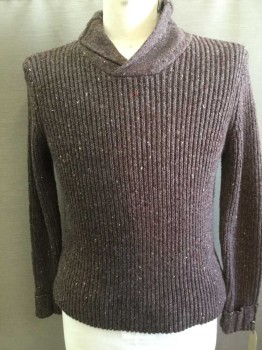 Mens, Pullover Sweater, PRANA, Brown, Wool, Mottled, M, Purplish Brown with Flecks of Red/Yellow/Lt Blue, Ribbed Knit, Shawl Collar Neck, Cuffed Sleeves