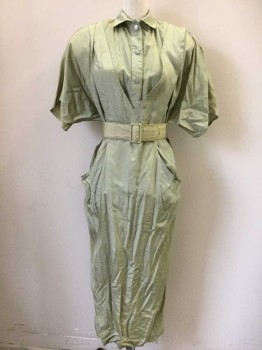 ALL THAT JAZZ, Khaki, Green, Rayon, Solid, Shoulder Pads, Dress, Belt Attached, 3 Buttons, Batwing Sleeves