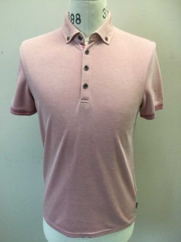 TED BAKER , Mauve Pink, Pink, Cream, White, Modal, Polyester, Floral, Heathered, Heather Mauve-pink, Tiny Mauve-pink, Cream Floral Print Collar Attached, Button Down, 4 Button Front, Short Sleeves, with Solid Dark Terracotta with 1 White Stripe Trim