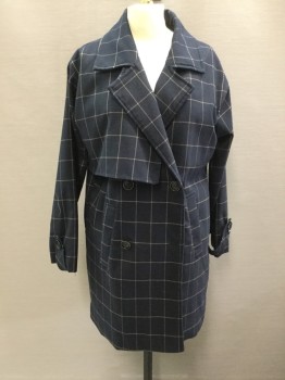 V-SHEL, Navy Blue, Lt Brown, Wool, Polyester, Plaid-  Windowpane, Double Breasted, C.A., L/S, Button Tab Sleeve Hem, Extra Panel Right Shoulder, 2 Pckts, Extra 1/2 Back Panel