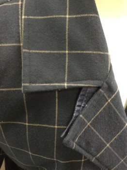 V-SHEL, Navy Blue, Lt Brown, Wool, Polyester, Plaid-  Windowpane, Double Breasted, C.A., L/S, Button Tab Sleeve Hem, Extra Panel Right Shoulder, 2 Pckts, Extra 1/2 Back Panel