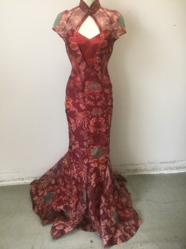 Womens, 1930s Vintage, Piece 1, N/L, Red Burgundy, Terracotta Brown, Emerald Green, Brown, Organza/Organdy, Floral, W:26, B:34, H:36, Evening Gown, Sheer Organza, Cap Sleeves, Stand Collar, Open Cutout at Center Front Bust, 2 Tiny Snap Closures at Center Front Neck, Hidden Tiny Snaps at Side Asymmetrical Closure to Hip, Floor Length Hem, Bias Cut Godets Near Hem, Made To Order Reproduction
