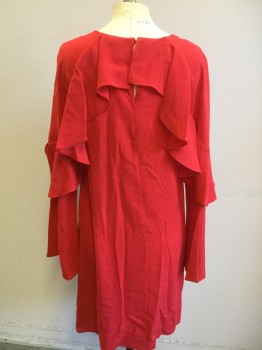 Womens, Dress, Long & 3/4 Sleeve, BCBG, Red, Polyester, Viscose, Solid, S, Red, Round Neck, with Ruffle Work on Neck & Long Sleeves, Key Hole Back, with 1 Colver Button, Pullover